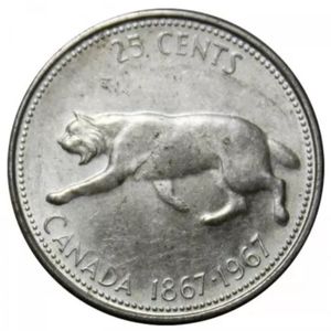 1967 (1867-)Canadian 25-Cent Bobcat Confederation Centennial Silver Quarter Coin